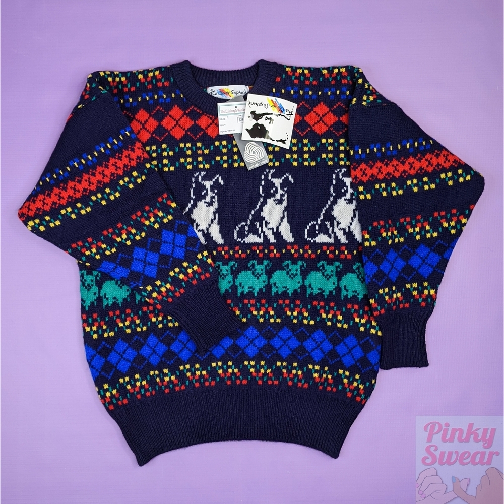 VTG 80s NWT UK Wool Fair Isle Dogs Shepherd Colorful Knitted Sweater Medium
